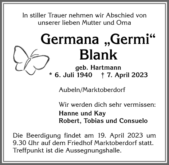 Traueranzeige von Germana Blank von Allgäuer Zeitung, Marktoberdorf