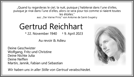Traueranzeige von Gertrud Reichhart von Allgäuer Zeitung,Kempten