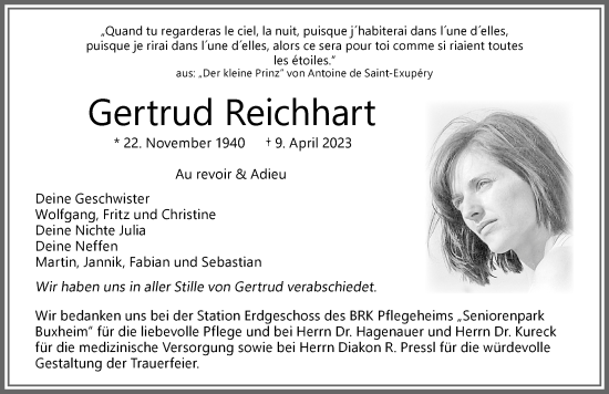 Traueranzeige von Gertrud Reichhart von Memminger Zeitung
