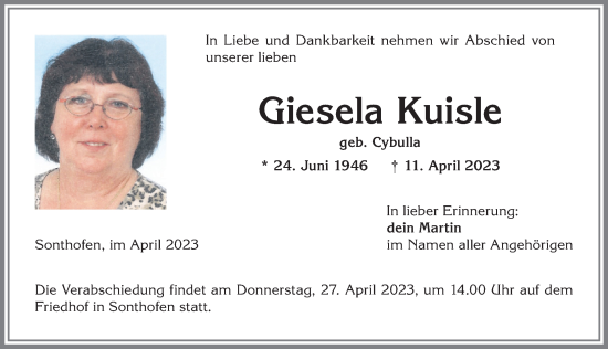 Traueranzeige von Giesela Kuisle von Allgäuer Anzeigeblatt