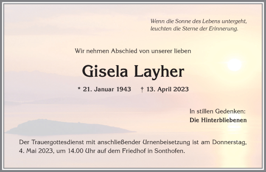 Traueranzeige von Gisela Layher von Allgäuer Anzeigeblatt