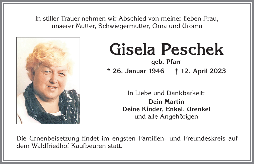  Traueranzeige für Gisela Peschek vom 15.04.2023 aus Allgäuer Zeitung, Kaufbeuren/Buchloe