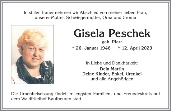 Traueranzeige von Gisela Peschek von Allgäuer Zeitung, Kaufbeuren/Buchloe
