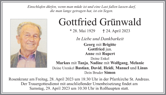 Traueranzeige von Gottfried Grünwald von Allgäuer Zeitung, Füssen