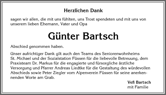 Traueranzeige von Günter Bartsch von Allgäuer Zeitung, Füssen