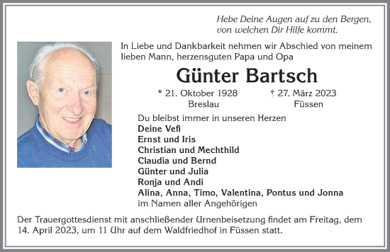 Traueranzeige von Günter Bartsch von Allgäuer Zeitung, Füssen
