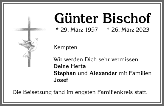 Traueranzeige von Günter Bischof von Allgäuer Zeitung,Kempten