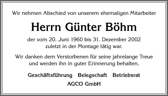Traueranzeige von Günter Böhm von Allgäuer Zeitung, Marktoberdorf