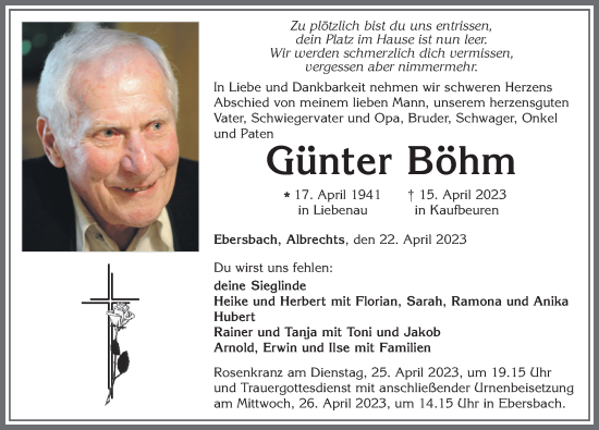 Traueranzeige von Günter Böhm von Allgäuer Zeitung, Marktoberdorf