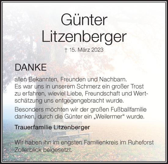 Traueranzeige von Günter Litzenberger von Der Westallgäuer