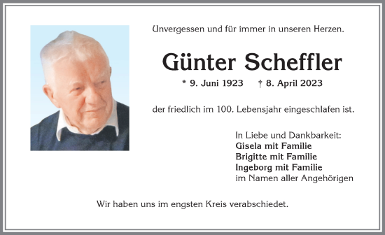 Traueranzeige von Günter Scheffler von Allgäuer Zeitung,Kempten