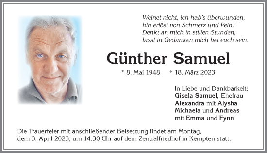 Traueranzeige von Günther Samuel von Allgäuer Zeitung,Kempten