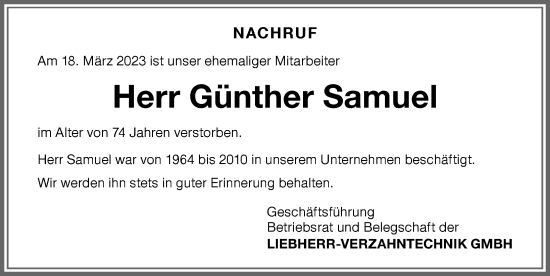 Traueranzeige von Günther Samuel von Allgäuer Zeitung,Kempten