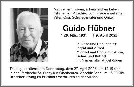 Traueranzeige von Guido Hübner von Allgäuer Zeitung, Kaufbeuren/Buchloe
