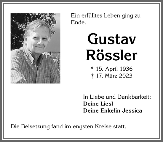 Traueranzeige von Gustav Rössler von Allgäuer Zeitung,Kempten