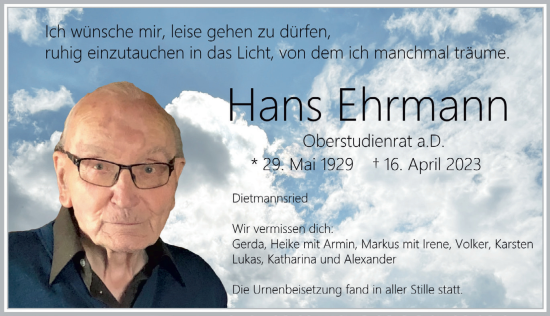 Traueranzeige von Hans Ehrmann von Allgäuer Zeitung,Kempten