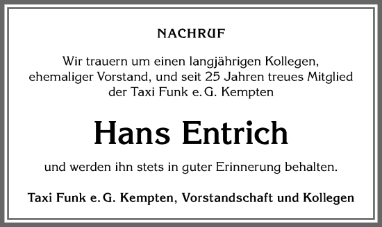 Traueranzeige von Hans Entrich von Allgäuer Zeitung,Kempten