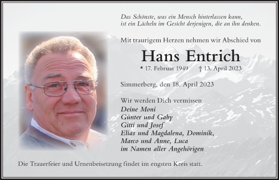 Traueranzeige von Hans Entrich von Der Westallgäuer