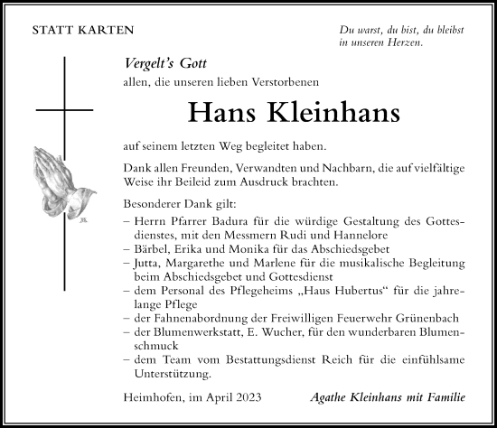 Traueranzeige von Hans Kleinhans von Der Westallgäuer