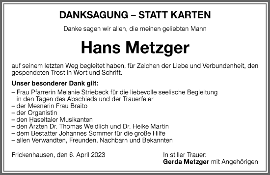 Traueranzeige von Hans Metzger von Memminger Zeitung