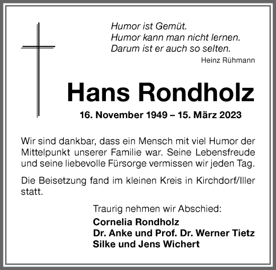 Traueranzeige von Hans Rondholz von Memminger Zeitung