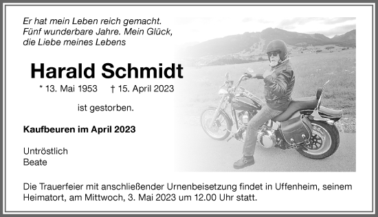 Traueranzeige von Harald Schmidt von Allgäuer Zeitung, Kaufbeuren/Buchloe