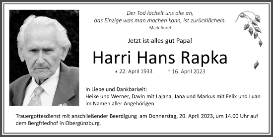 Traueranzeige von Harri Hans Rapka von Allgäuer Zeitung, Marktoberdorf