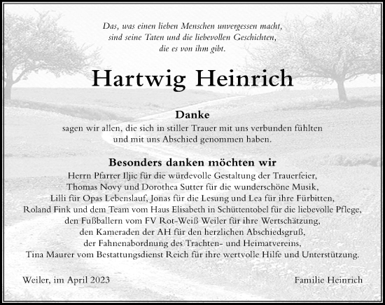 Traueranzeige von Hartwig Heinrich von Der Westallgäuer