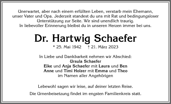 Traueranzeige von Hartwig Schaefer von Allgäuer Zeitung,Kempten