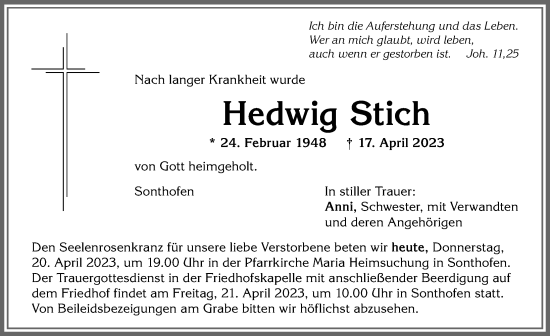 Traueranzeige von Hedwig Stich von Allgäuer Anzeigeblatt