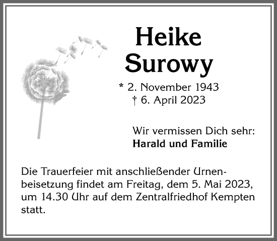 Traueranzeige von Heike Surowy von Allgäuer Zeitung,Kempten