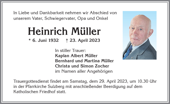 Traueranzeige von Heinrich Müller von Allgäuer Zeitung,Kempten