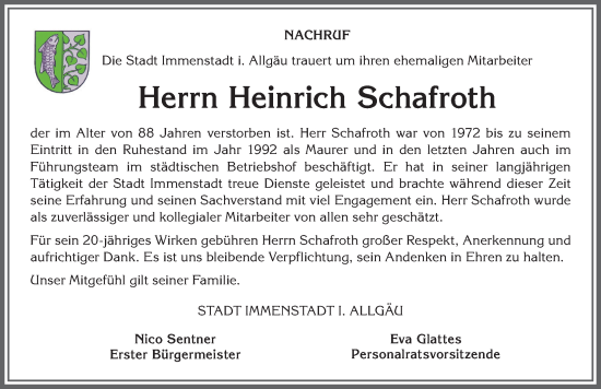 Traueranzeige von Heinrich Schafroth von Allgäuer Anzeigeblatt