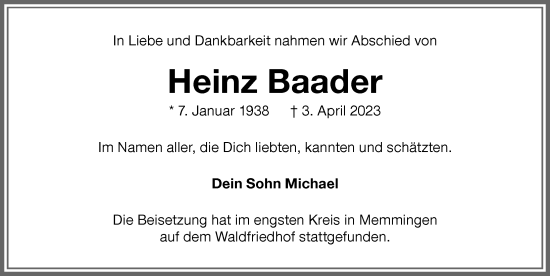 Traueranzeige von Heinz Baader von Memminger Zeitung
