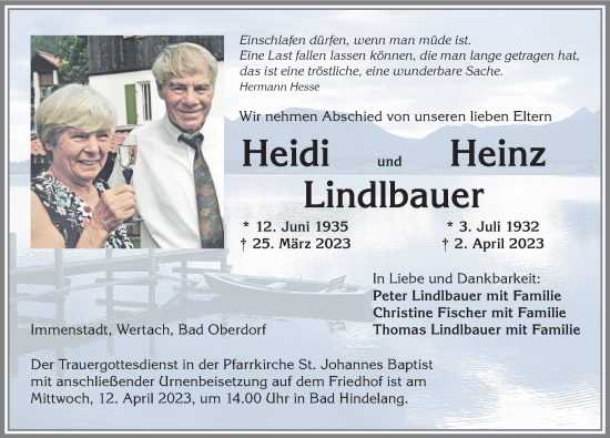Traueranzeige von Heinz Lindlbauer von Allgäuer Anzeigeblatt