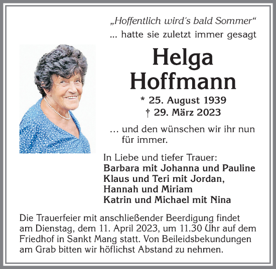 Traueranzeige von Helga Hoffmann von Allgäuer Zeitung,Kempten
