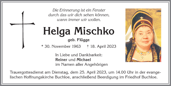 Traueranzeige von Helga Mischko von Allgäuer Zeitung, Kaufbeuren/Buchloe