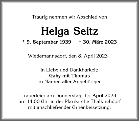 Traueranzeige von Helga Seitz von Allgäuer Anzeigeblatt
