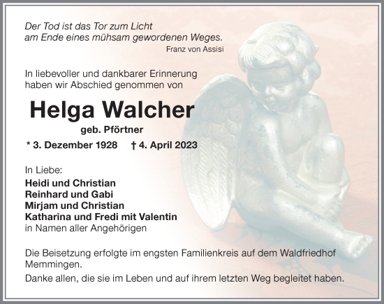 Traueranzeige von Helga Walcher von Memminger Zeitung