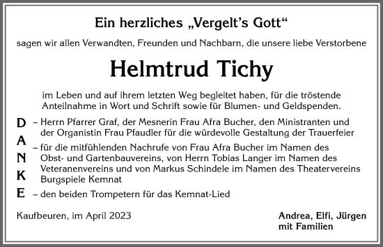 Traueranzeige von Helmtrud Tichy von Allgäuer Zeitung, Kaufbeuren/Buchloe
