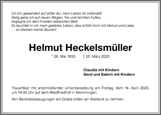 Traueranzeige von Helmut Heckelsmüller von Memminger Zeitung