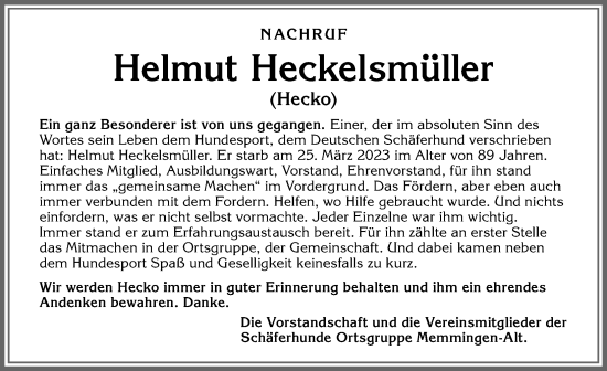 Traueranzeige von Helmut Heckelsmüller von Memminger Zeitung
