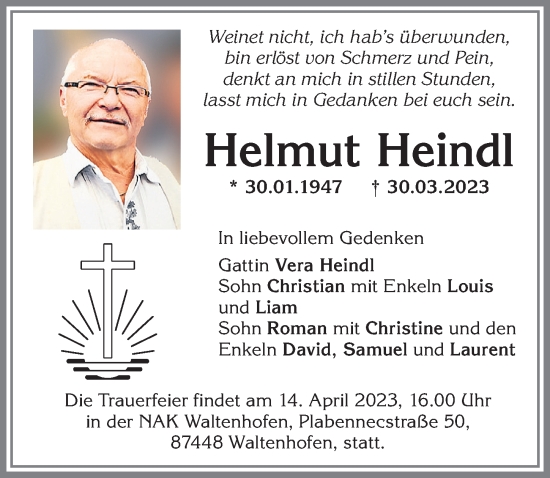 Traueranzeige von Helmut Heindl von Allgäuer Zeitung,Kempten