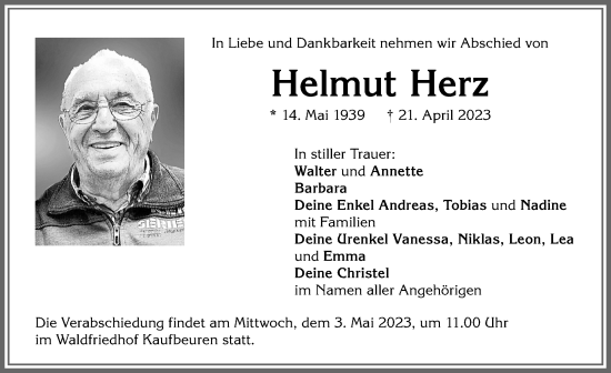 Traueranzeige von Helmut Herz von Allgäuer Zeitung, Kaufbeuren/Buchloe