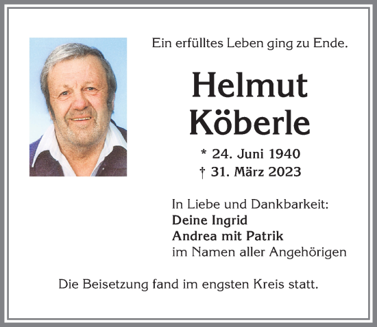 Traueranzeige von Helmut Köberle von Allgäuer Zeitung,Kempten