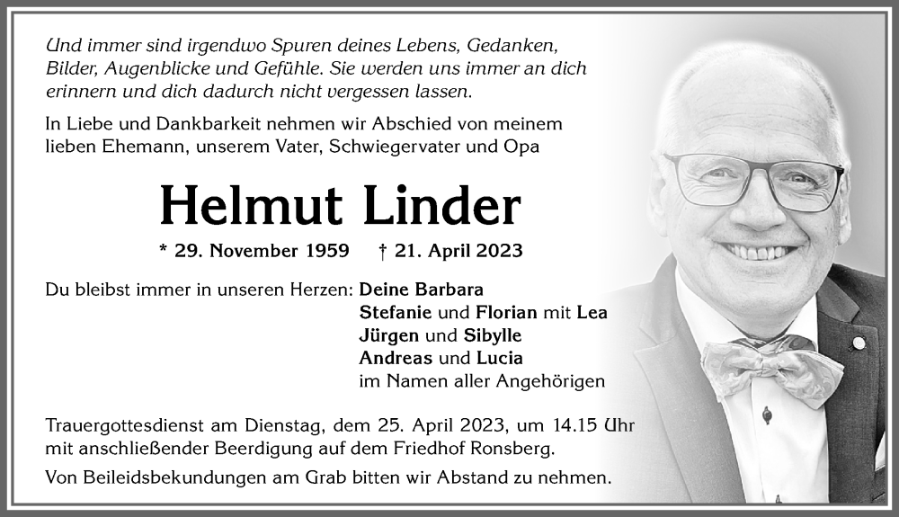  Traueranzeige für Helmut Linder vom 24.04.2023 aus Allgäuer Zeitung, Marktoberdorf
