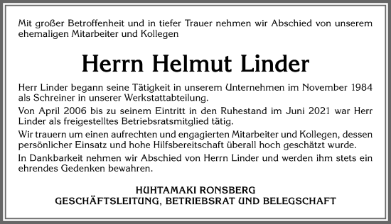 Traueranzeige von Helmut Linder von Allgäuer Zeitung, Marktoberdorf