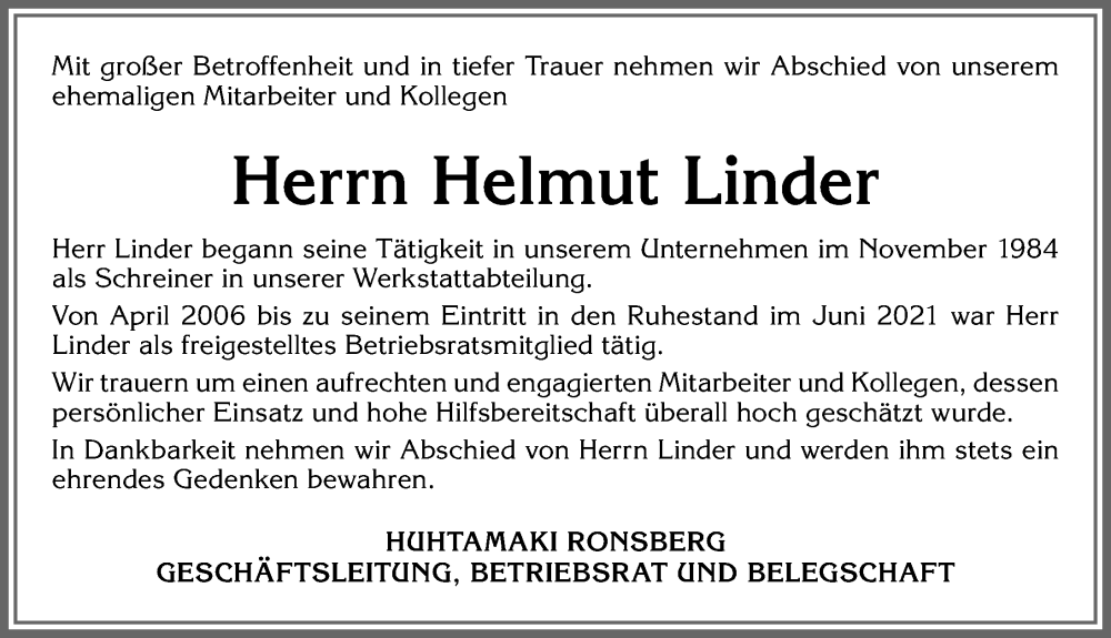  Traueranzeige für Helmut Linder vom 25.04.2023 aus Allgäuer Zeitung, Marktoberdorf