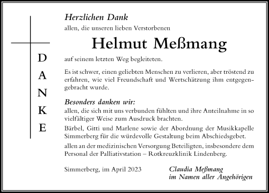 Traueranzeige von Helmut Meßmang von Der Westallgäuer