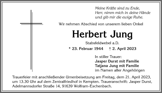 Traueranzeige von Herbert Jung von Allgäuer Zeitung,Kempten